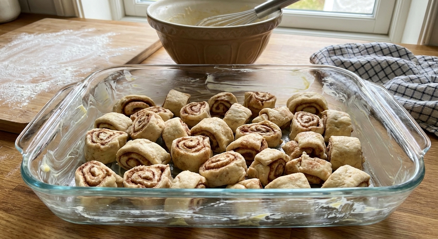 Cinnamon roll dough cut into bite-size chunks scattered in a buttered glass baking dish, ready for custard, real kitchen photo