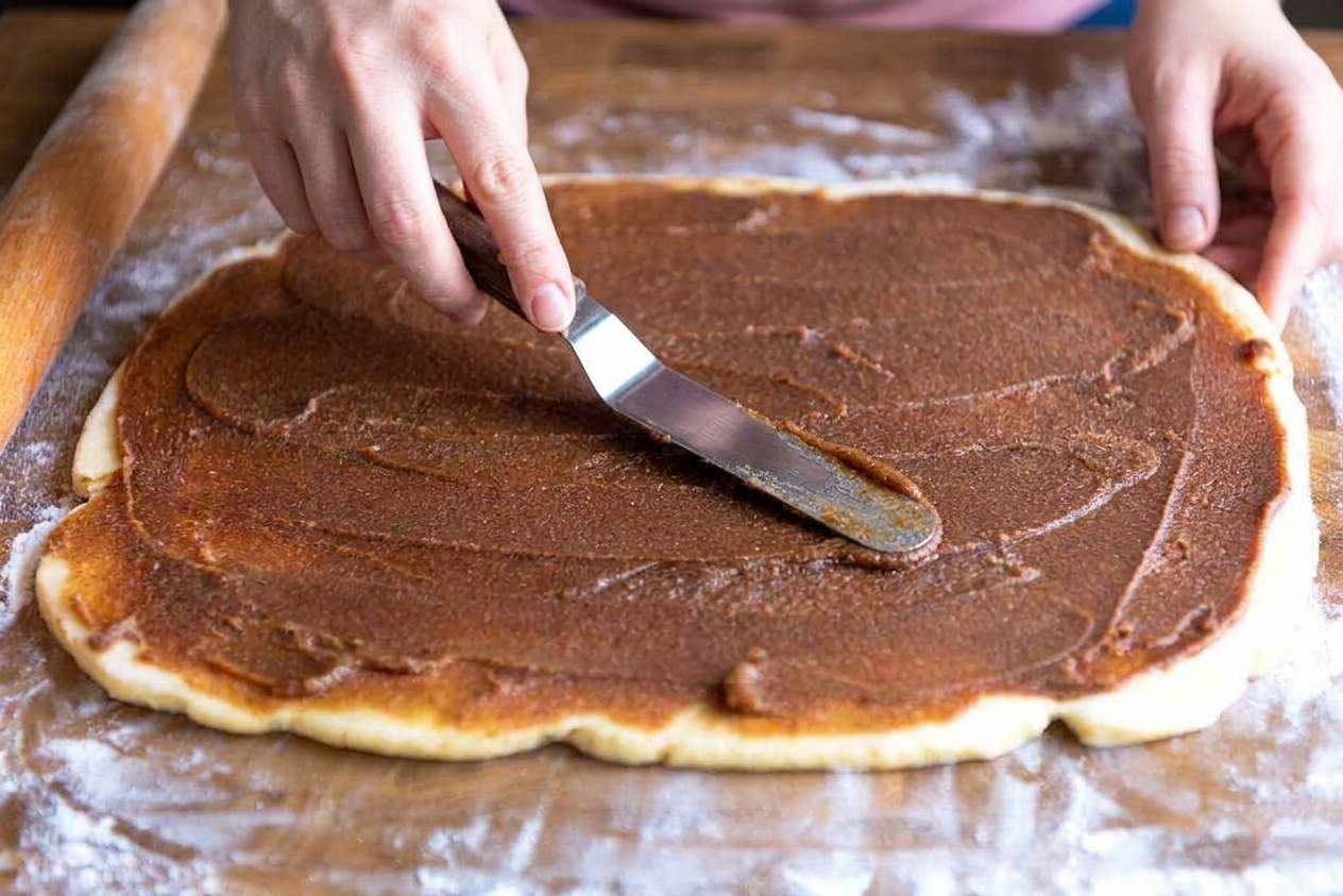 Cinnamon roll dough rolled into a rectangle on a floured counter with cinnamon filling being spread evenly using an offset spatula
