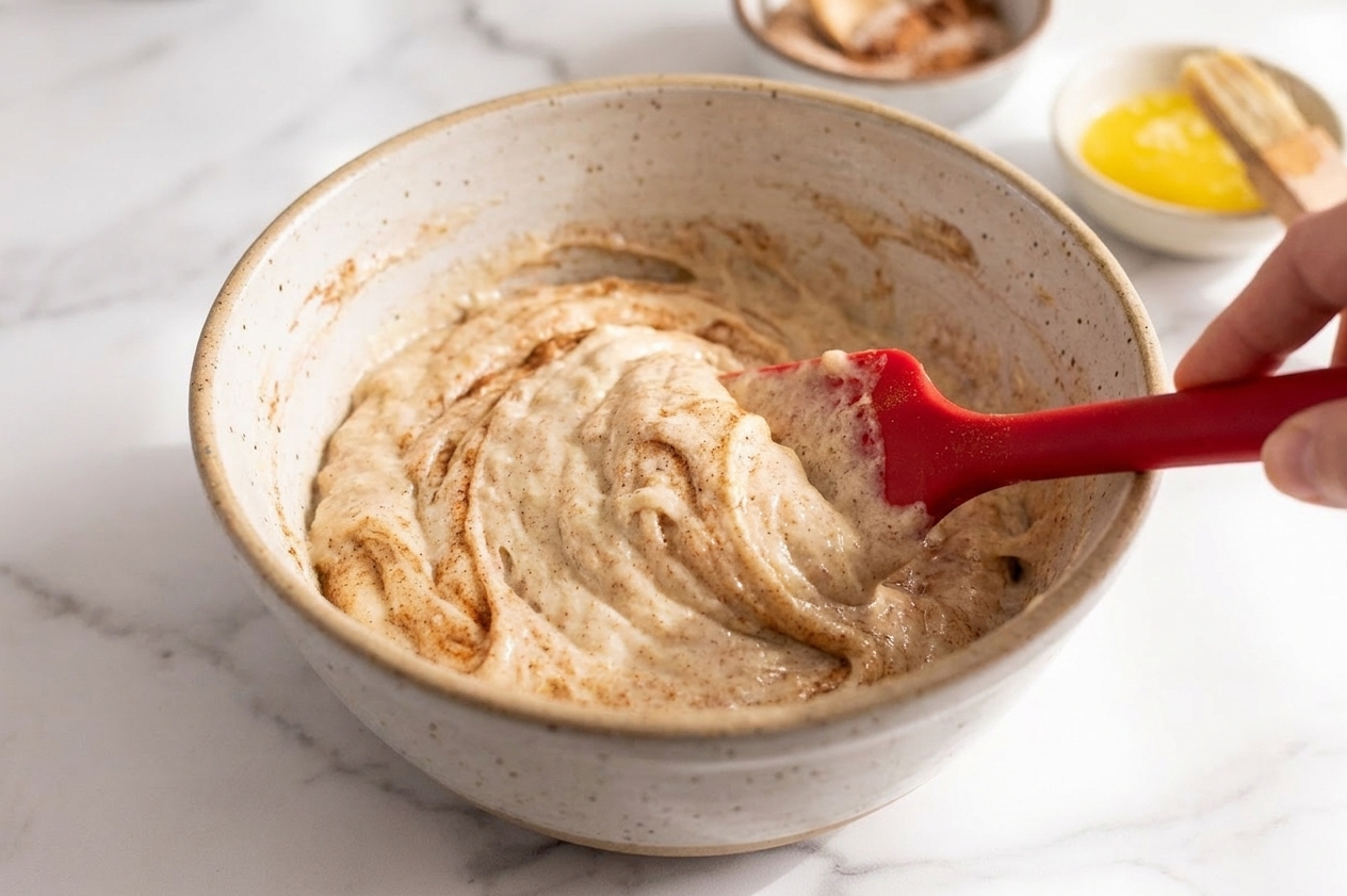 Cinnamon-speckled muffin batter being folded with a rubber spatula in a large mixing bowl