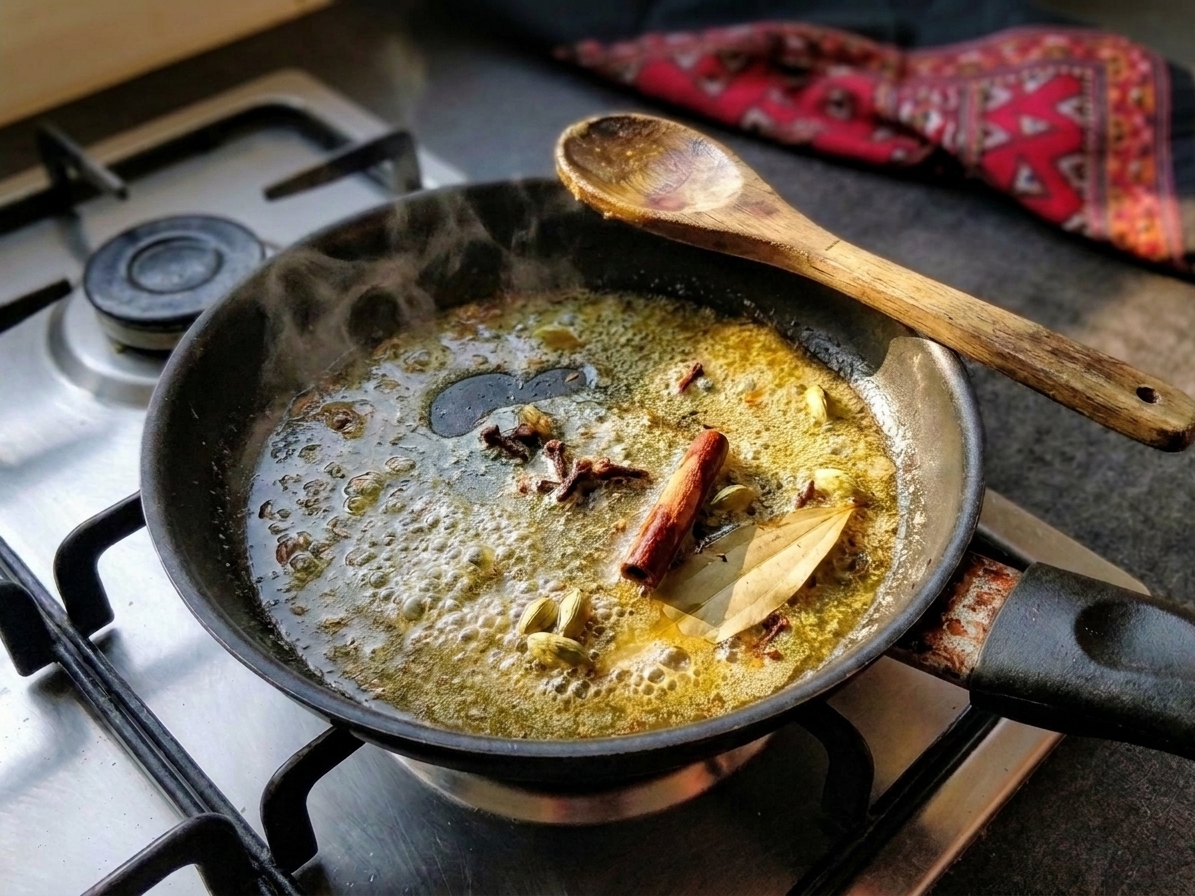 Cinnamon stick, cardamom pods, and bay leaf sizzling in melted butter in a skillet on a stovetop