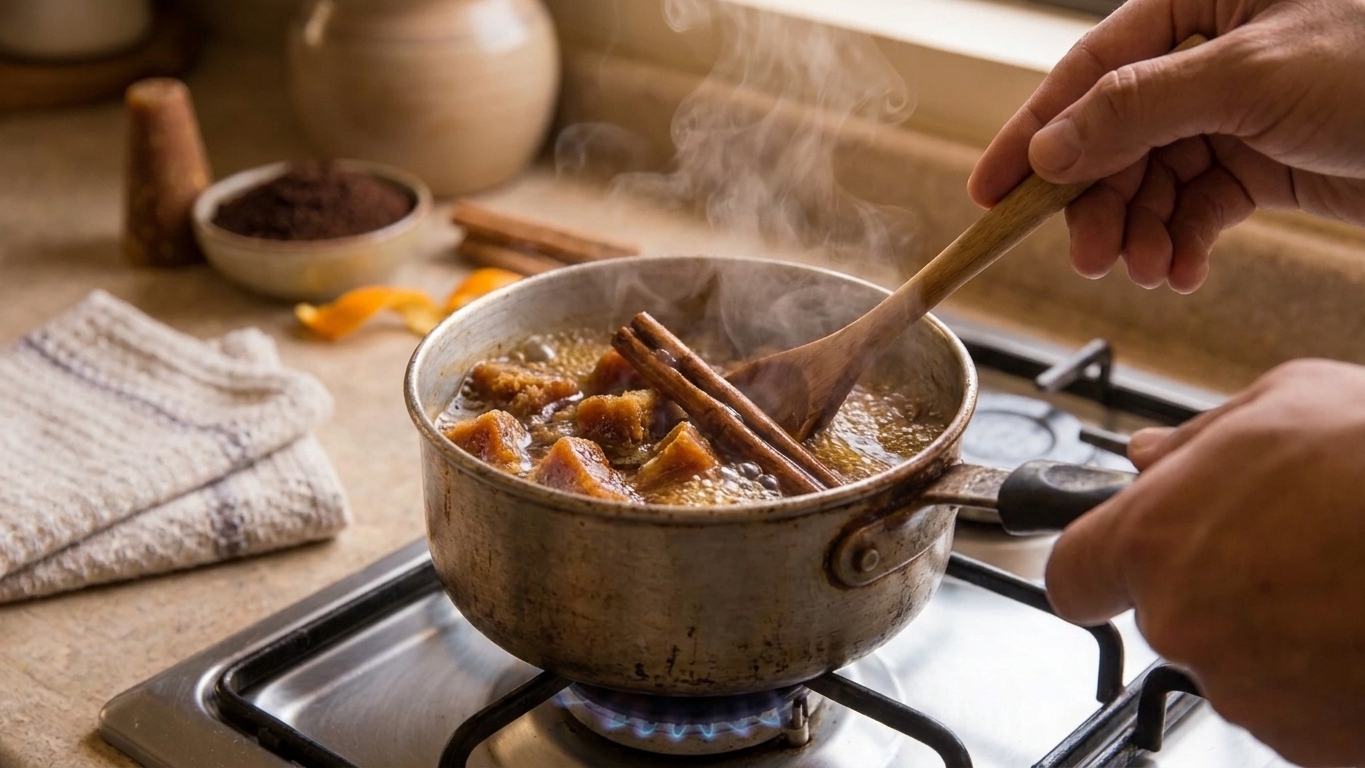Cinnamon sticks and chopped piloncillo melting in a small saucepan on a stovetop