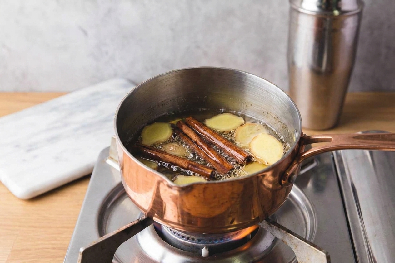 Cinnamon sticks and sliced fresh ginger simmering in a small saucepan of sugar syrup on a stovetop