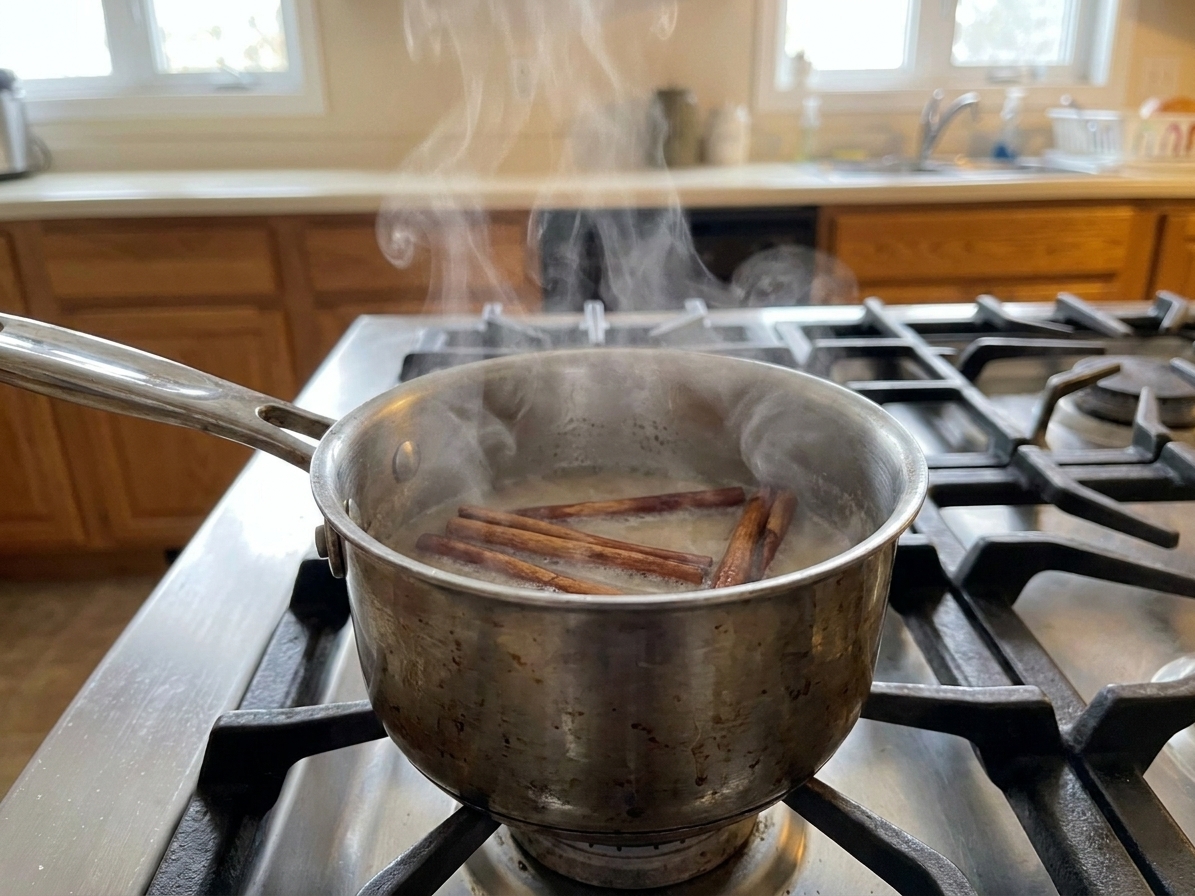Cinnamon sticks simmering in a small saucepan on a stovetop, light steam rising