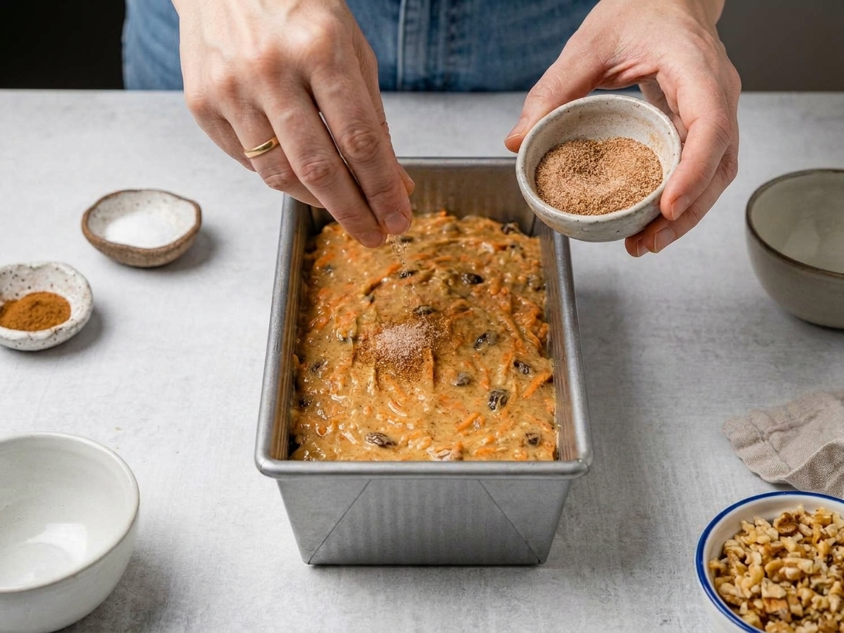 Cinnamon sugar being sprinkled evenly over carrot bread batter in a loaf pan
