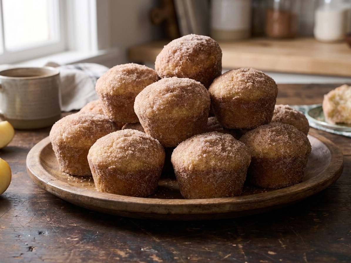 Cinnamon sugar coated apple cider donut muffins piled on a serving platter on a kitchen table