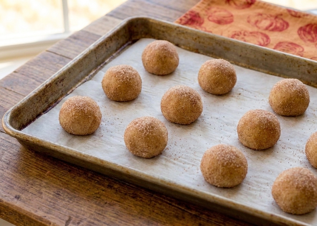 Cinnamon-sugar coated snickerdoodle dough balls spaced out on a parchment-lined baking sheet before baking