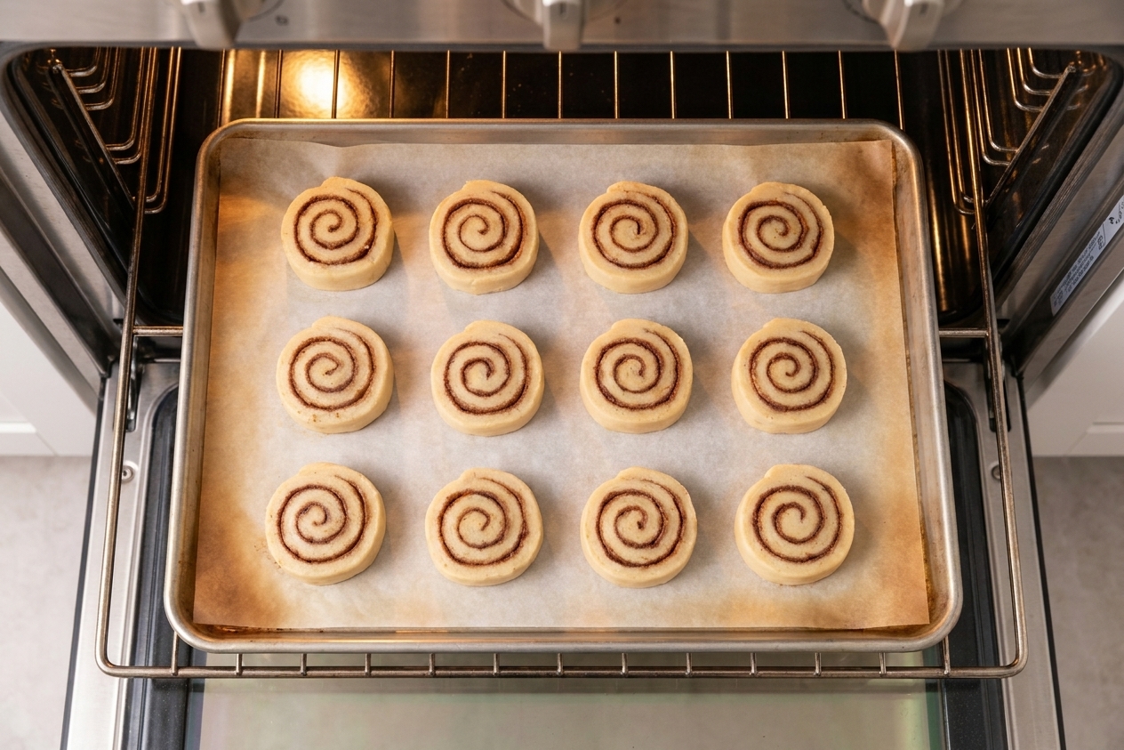 Cinnamon swirl cookie slices baking on a parchment-lined sheet pan inside an oven