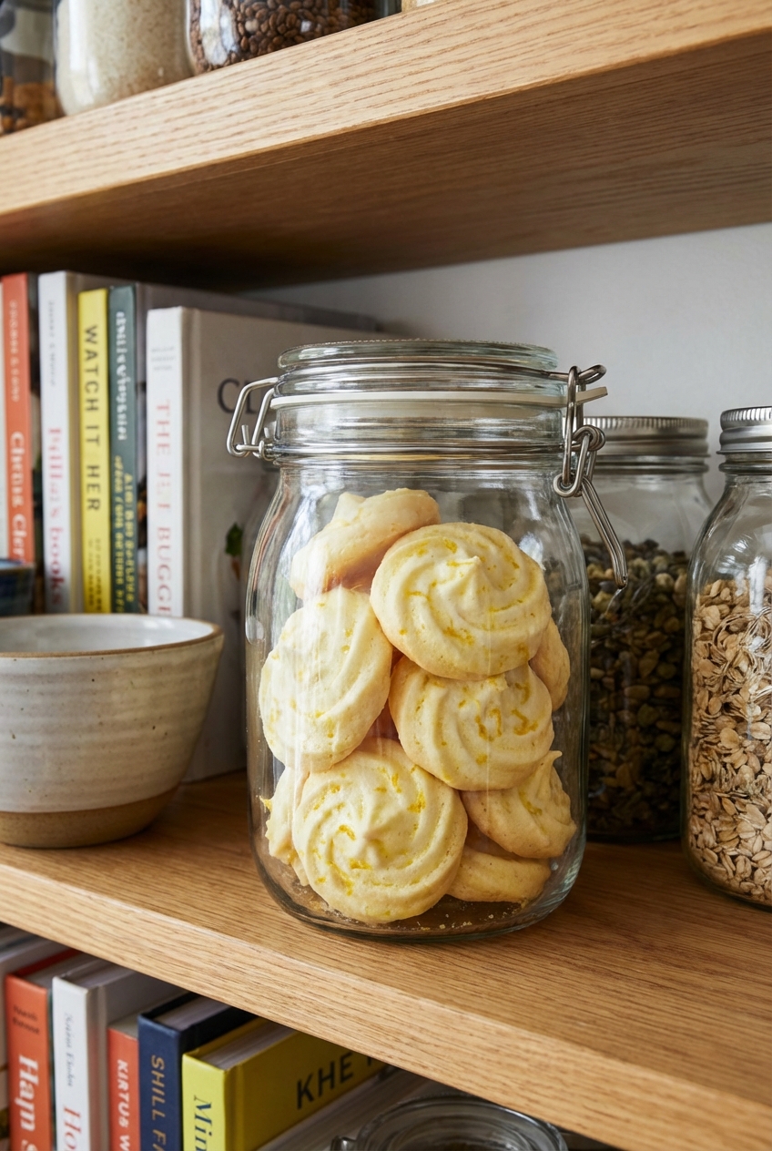 Citrus meringue cookies stored in an airtight container on a pantry shelf