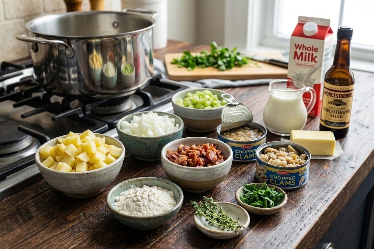 Clam chowder ingredients arranged on a kitchen counter including potatoes, onions, celery, canned clams, bacon, milk, cream, flour, and herbs in small bowls