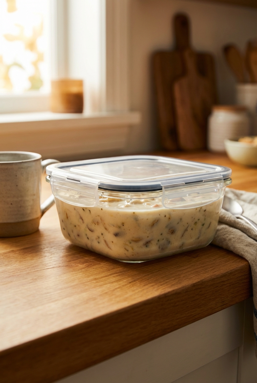 Clam chowder stored in a glass container with a tight lid on a kitchen counter