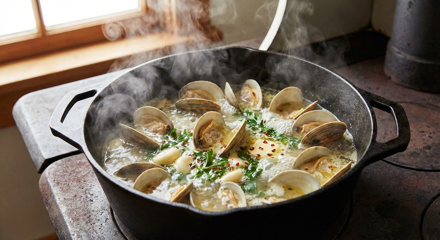 Clams opening in a pot of simmering garlicky white wine broth with steam rising