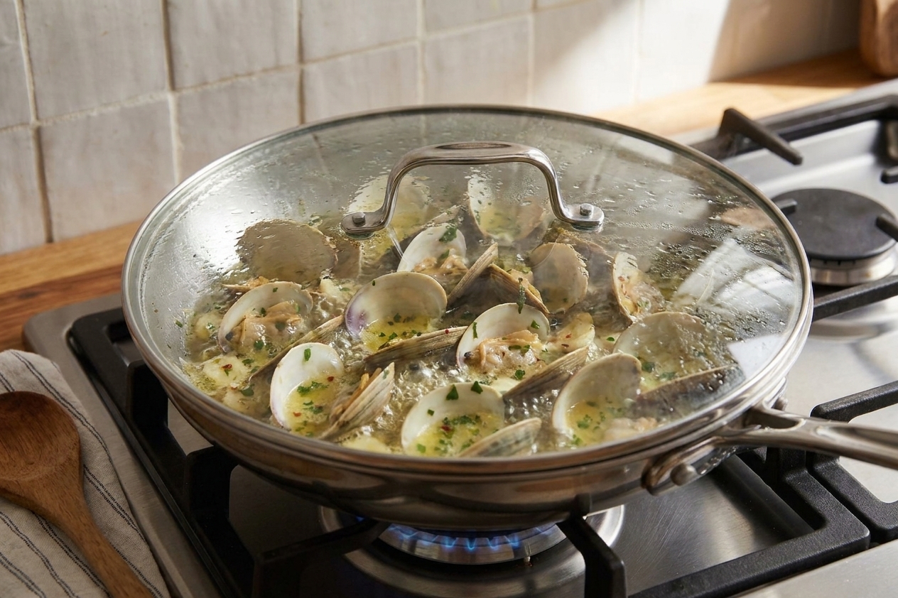 Clams steaming in a covered skillet with white wine sauce bubbling around the shells on a stovetop