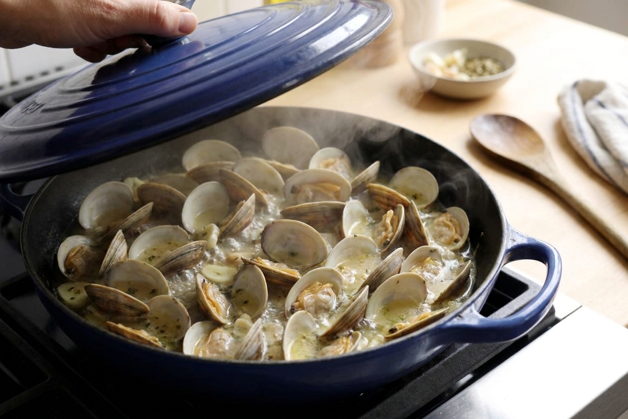 Clams steaming in a deep skillet with white wine and sliced garlic, lid just lifted to show opened shells