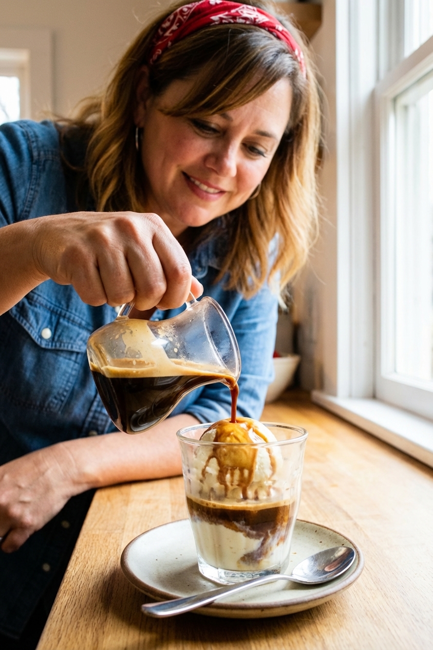 Classic affogato with a scoop of vanilla gelato in a clear glass while a fresh shot of espresso is being poured over it, coffee crema visible, set on a small plate with a spoon in warm kitchen light