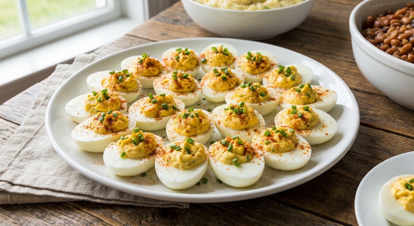 Classic deviled eggs topped with paprika and chopped chives on a white platter