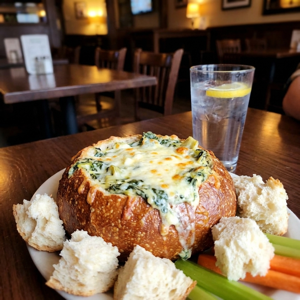 Classic spinach dip served in a hollowed sourdough bread bowl on a table