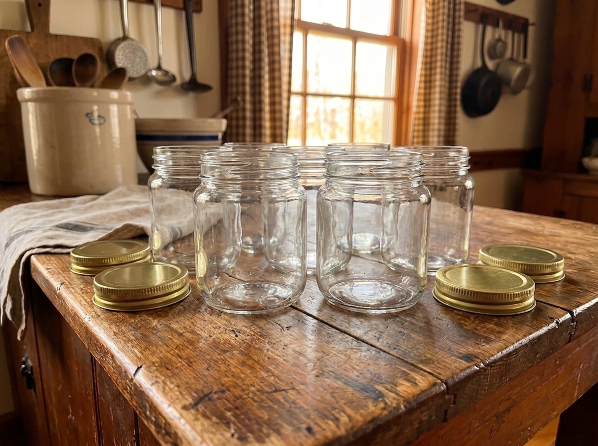 Clean empty glass jam jars with lids set beside them on a light kitchen counter, ready to be filled