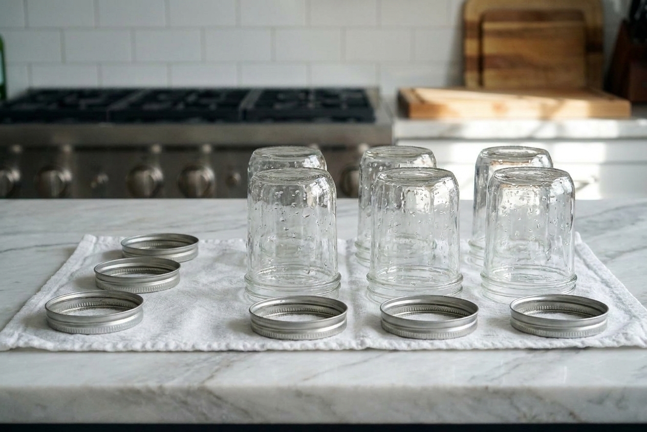 Clean empty glass jars and lids drying on a kitchen towel on a bright counter