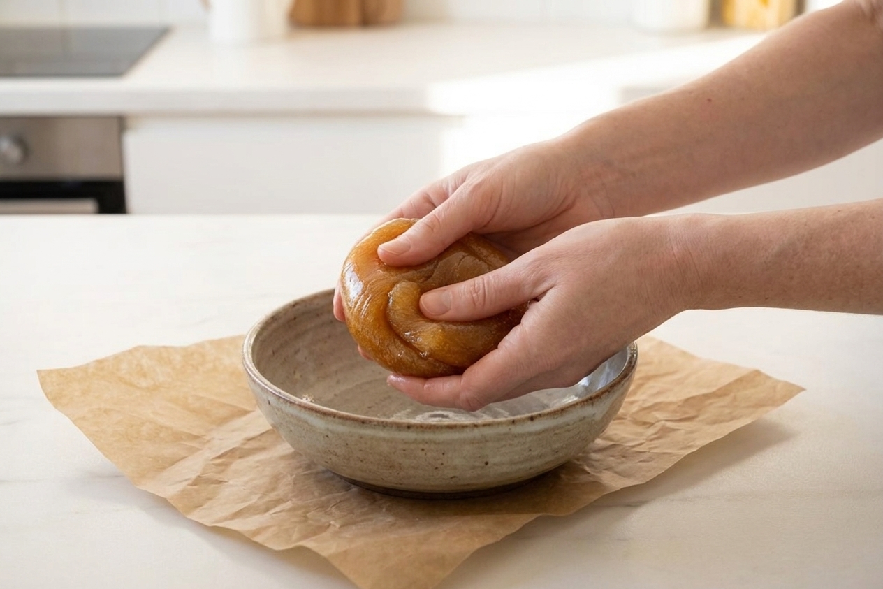 Clean hands gently kneading a small ball of cooled sugar wax over a ceramic bowl on a kitchen counter