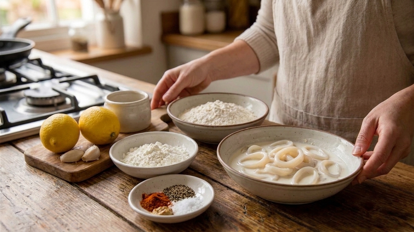 Clean kitchen counter with bowls of flour, cornstarch, sliced squid rings, buttermilk, lemons, garlic, and spices arranged for cooking