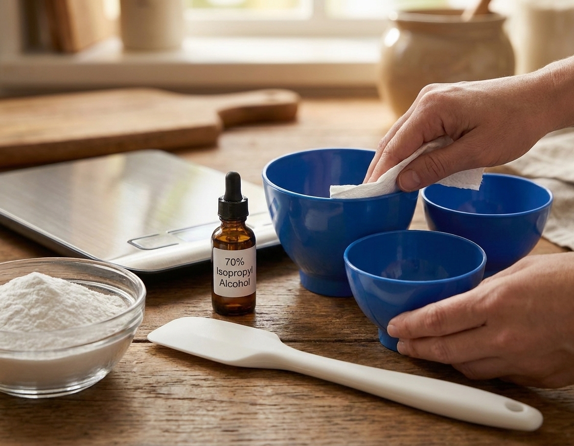 Clean mixing bowls, a spatula, and a dropper bottle being wiped down with 70% isopropyl alcohol on a tidy kitchen counter