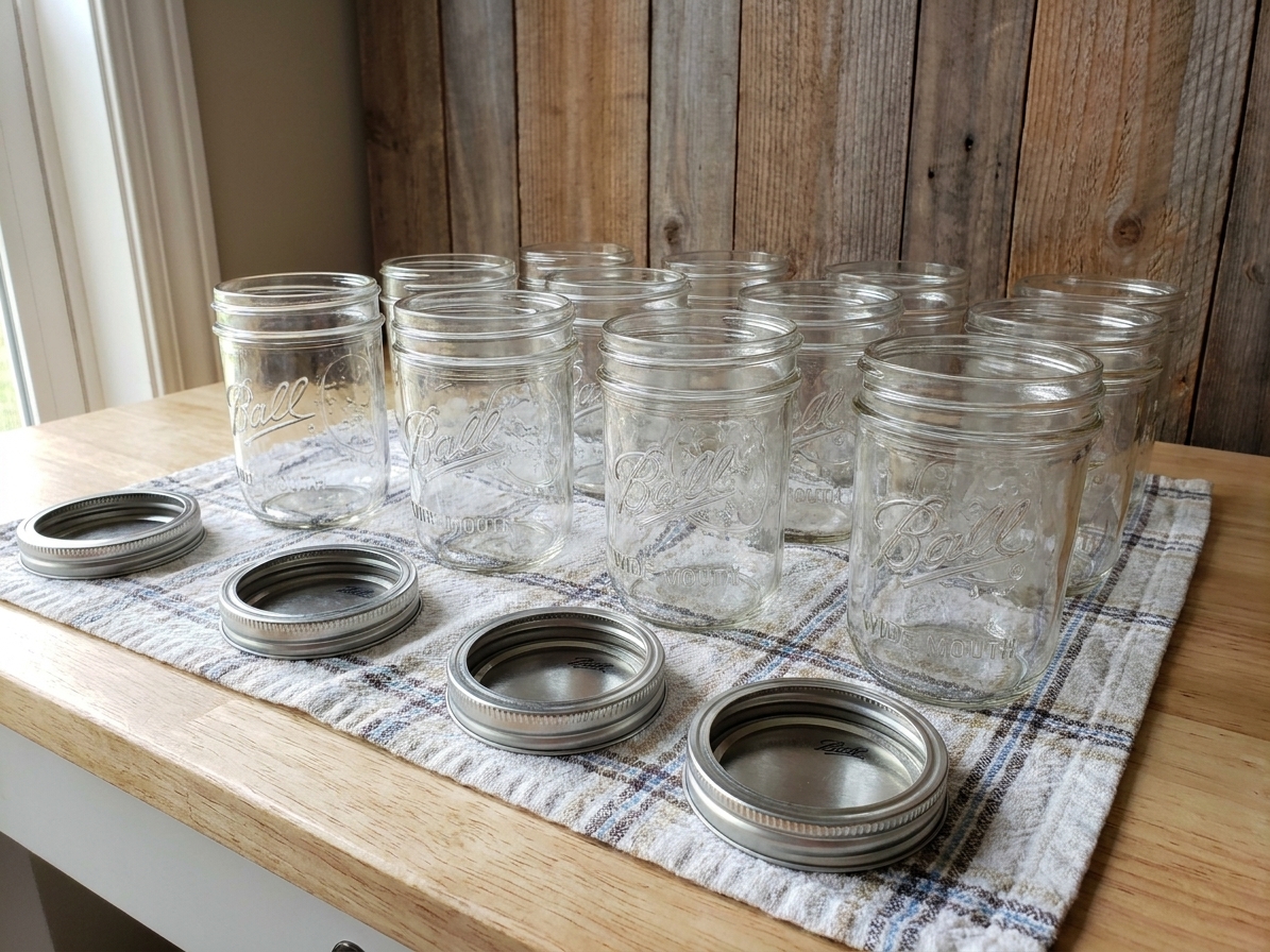 Clean pint canning jars with 2-piece lids and bands laid out on a kitchen towel on a bright kitchen counter
