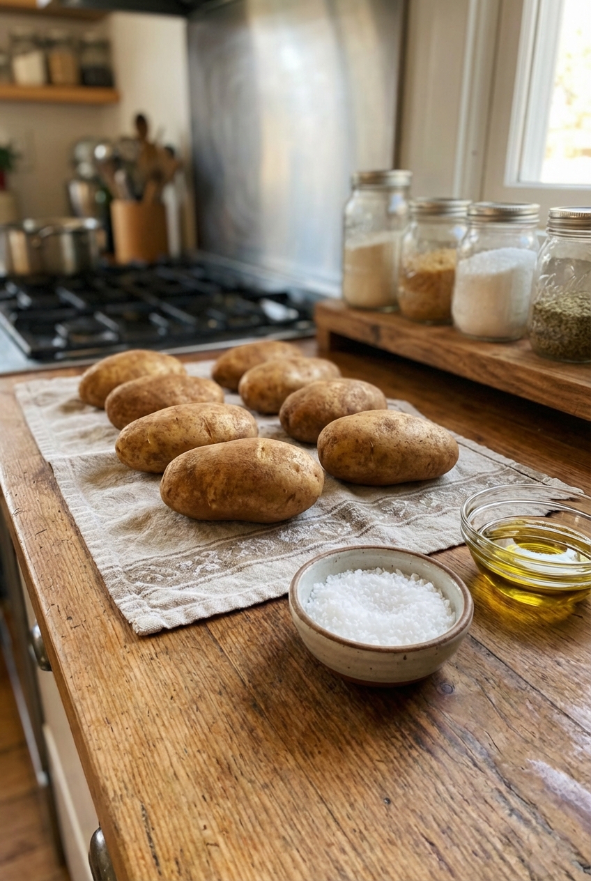 Clean russet potatoes drying on a kitchen towel next to a small bowl of salt and oil