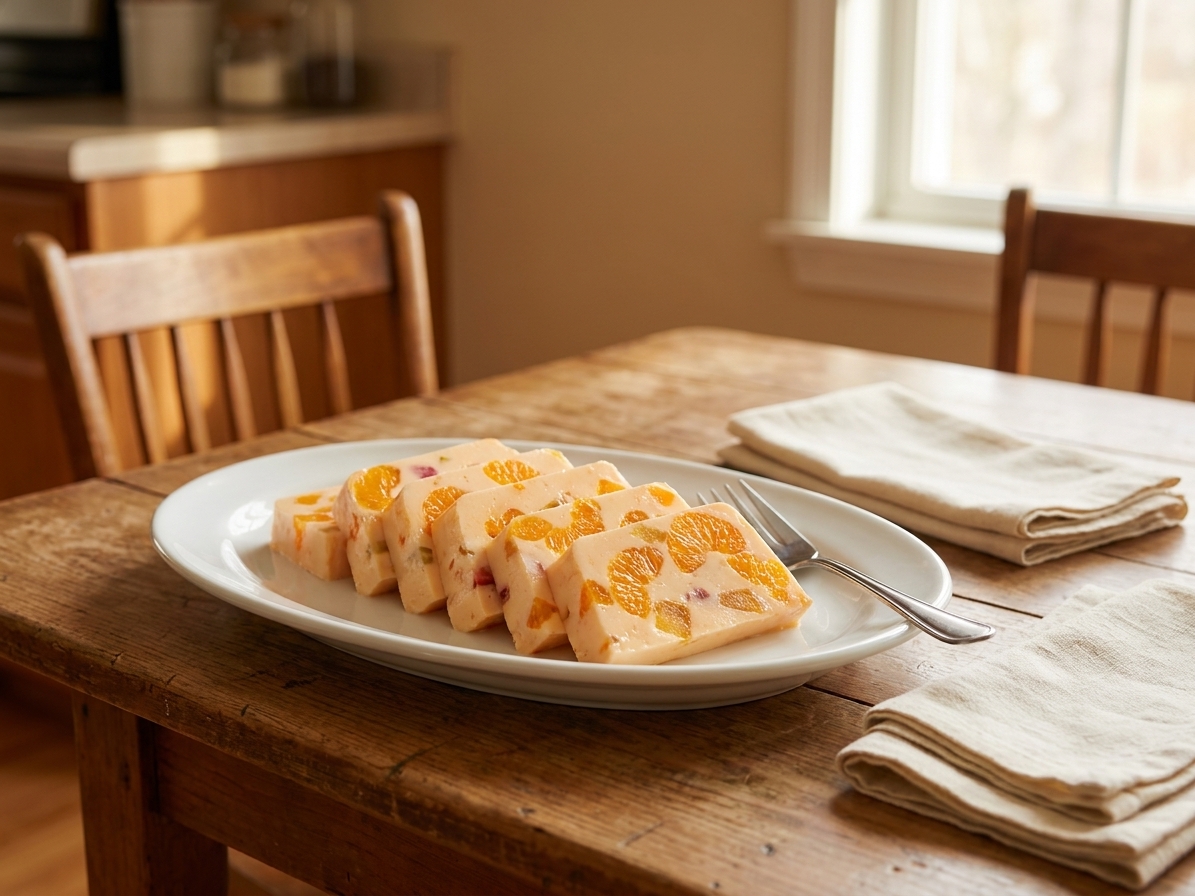 Clean slices of creamy orange fruit gelatin arranged on a platter with a simple fork and napkins on a family dining table