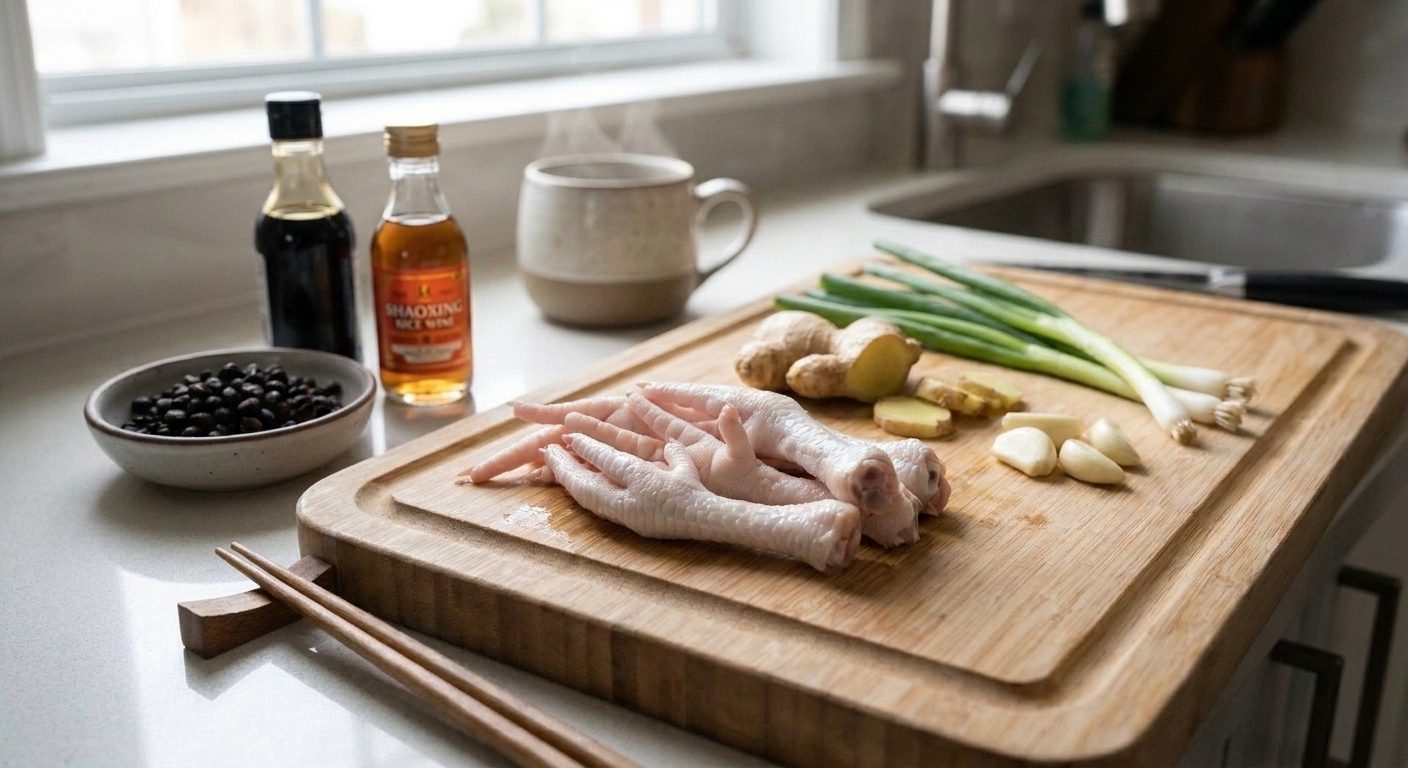 Cleaned raw chicken feet on a cutting board beside ginger, garlic, scallions, soy sauce, Shaoxing wine, and a small bowl of fermented black beans on a kitchen counter