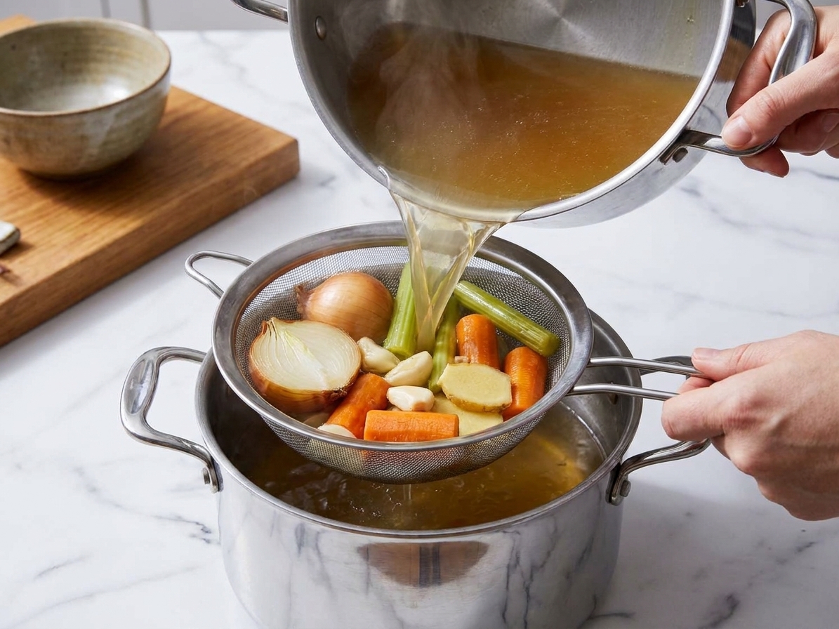 Clear broth being poured through a fine-mesh strainer into a clean pot on a kitchen counter, with cooked vegetables resting in the strainer