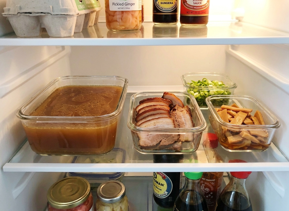 Clear containers of cooled ramen broth and sliced pork stored in the refrigerator on a kitchen shelf