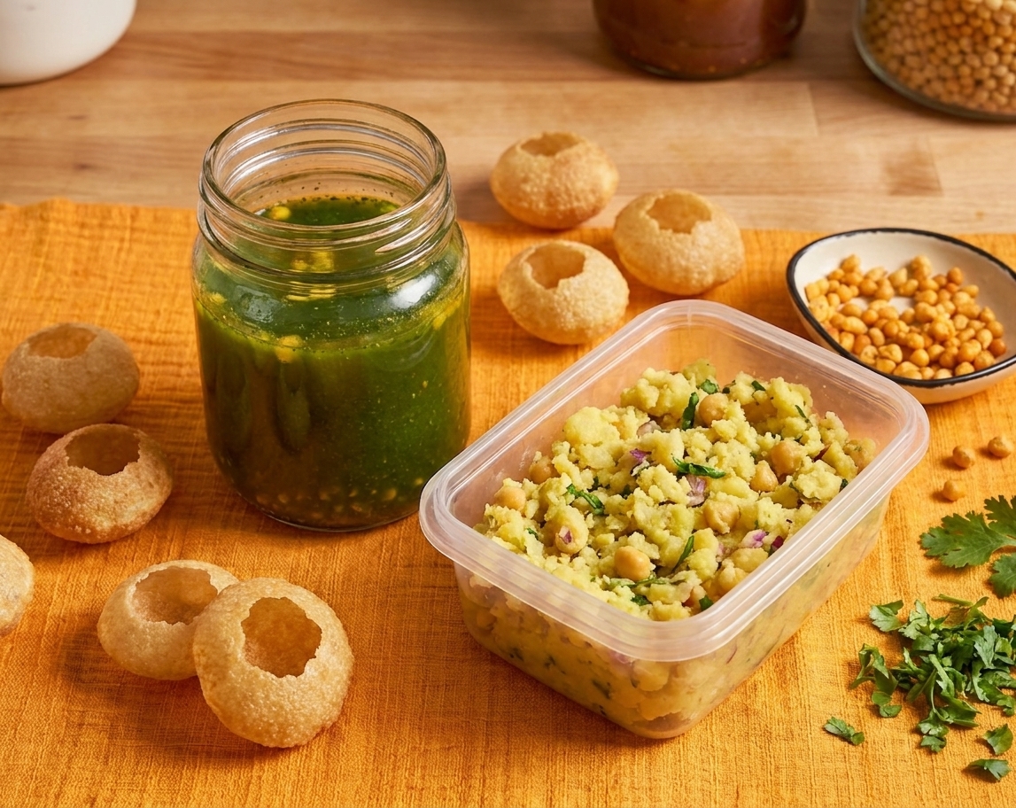 Clear food containers holding pani in a jar and potato chickpea filling in a container on a kitchen counter with puri shells nearby