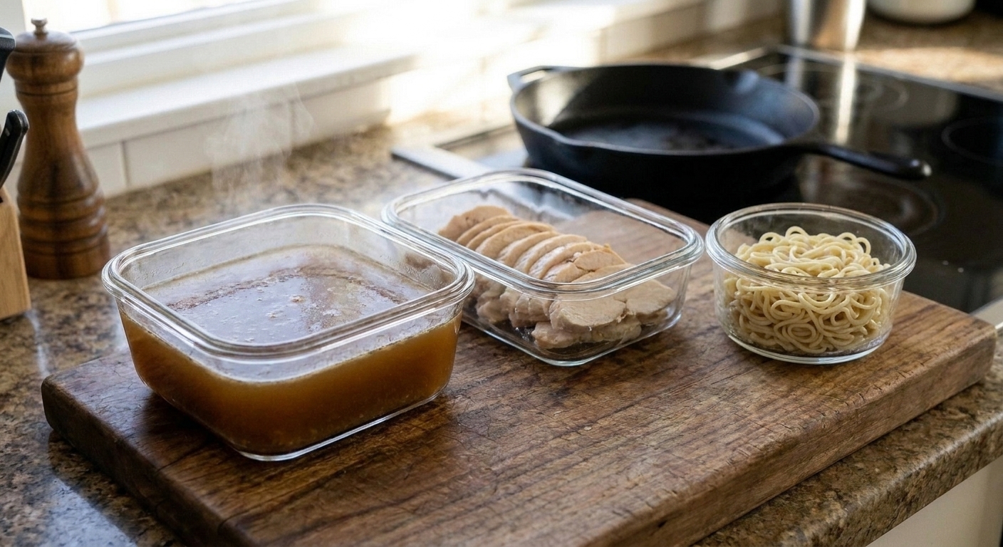 Clear food storage containers filled with ramen broth and sliced chicken, cooling on a kitchen counter next to a small container of cooked noodles