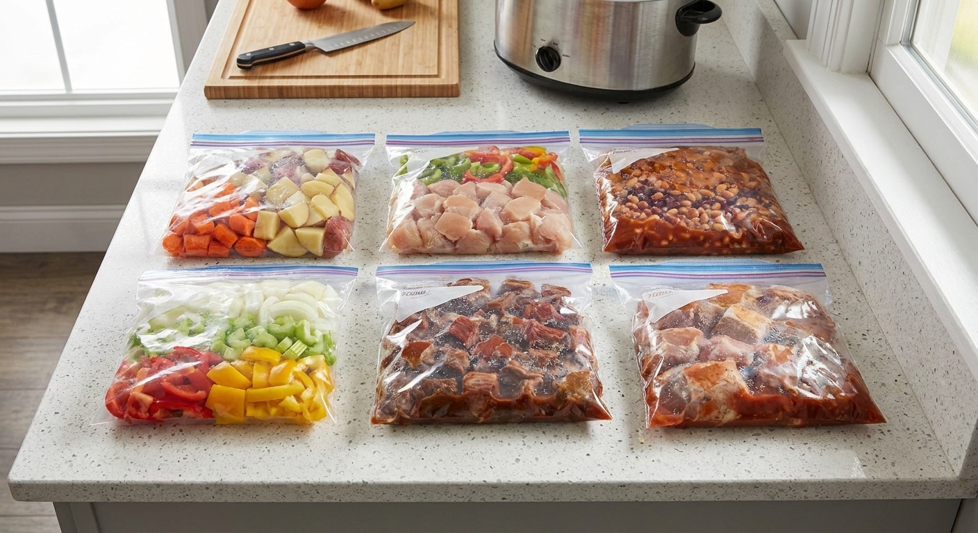 Clear freezer bags filled with prepped slow cooker meals laid flat on a kitchen counter, no text on the bags, realistic photography