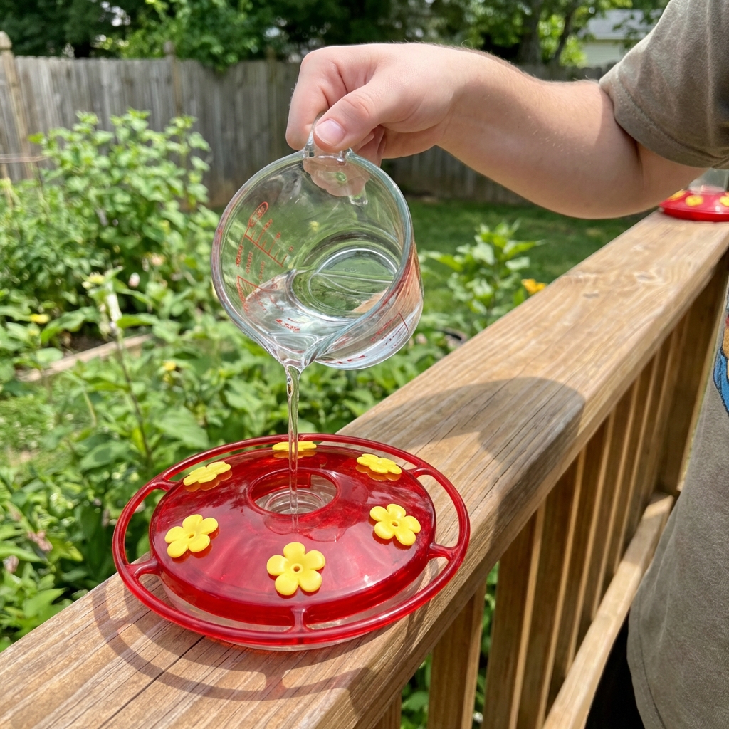 Clear hummingbird nectar being poured from a glass measuring cup into a red feeder