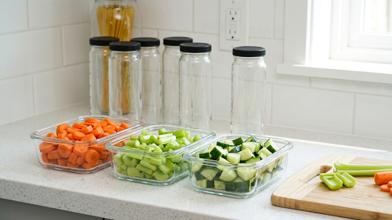 Clear meal prep containers filled with chopped carrots, celery, and cucumber lined up on a kitchen counter next to empty glass bottles