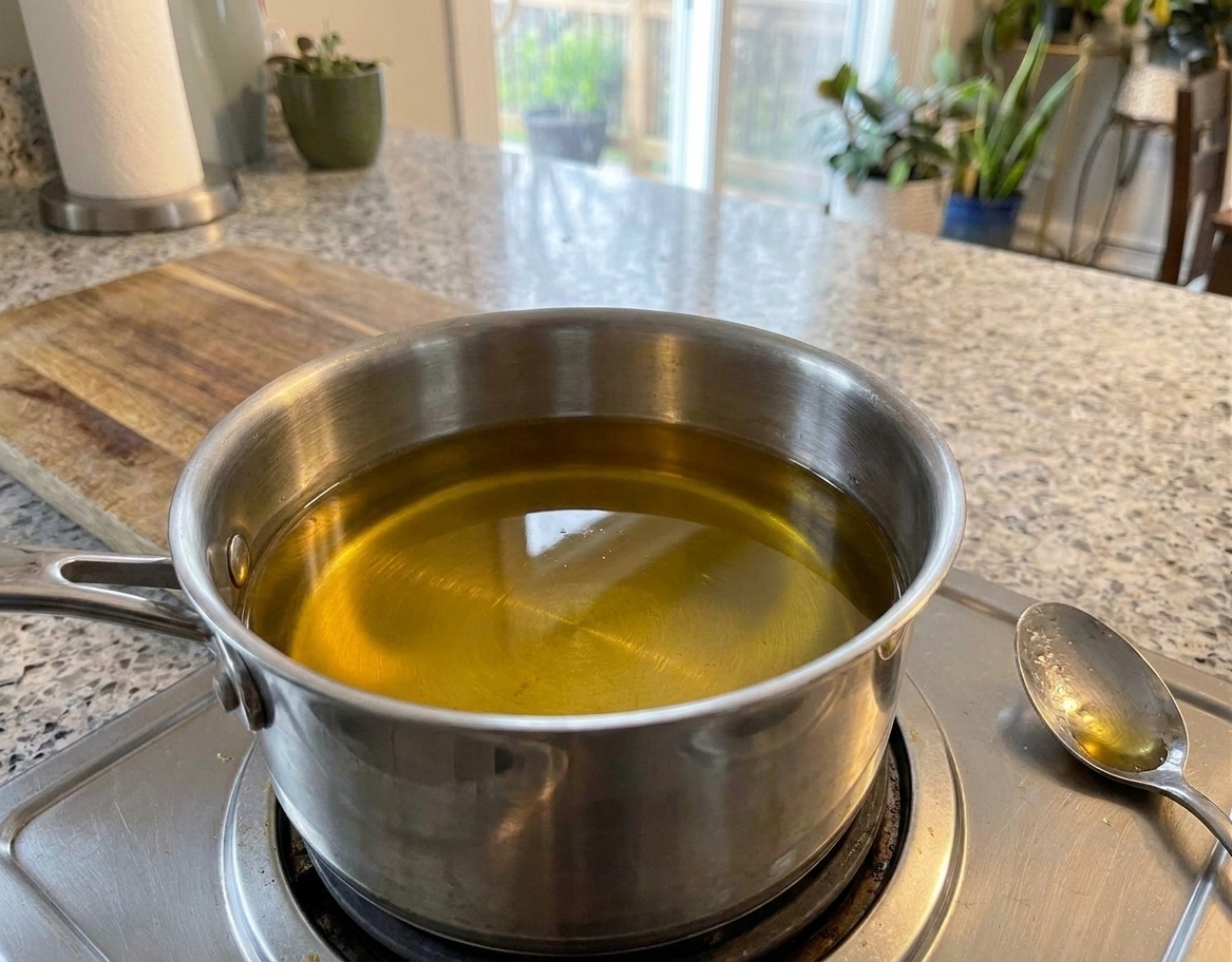 Clear melted beef tallow in a small saucepan on a stovetop with a spoon resting nearby
