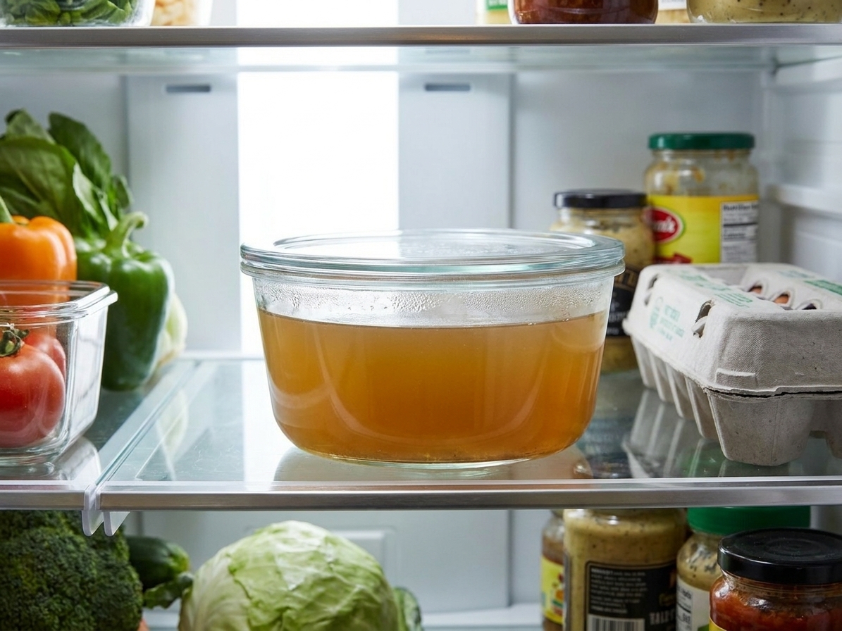 Clear pho broth stored in a glass container with a tight lid on a refrigerator shelf