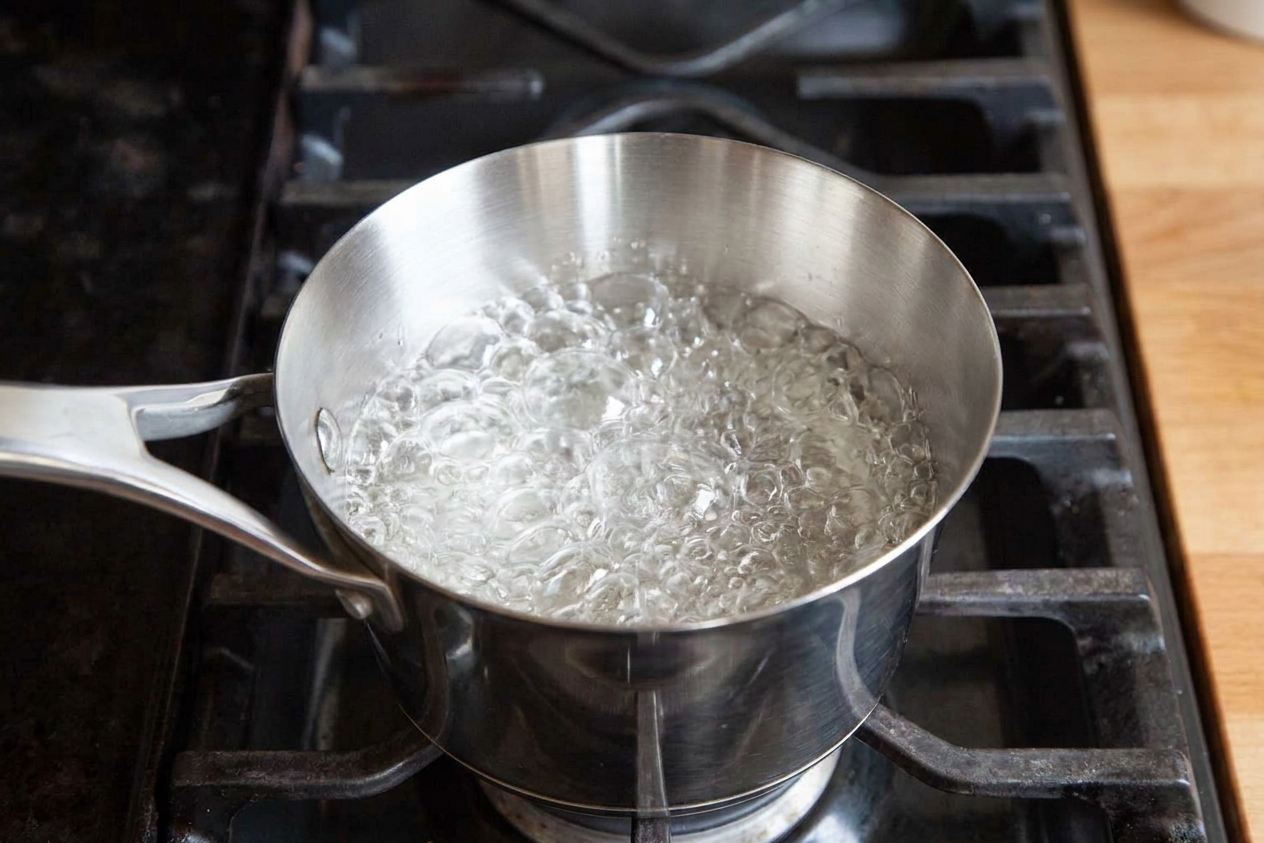 Clear sugar syrup boiling in a stainless steel saucepan on a stovetop