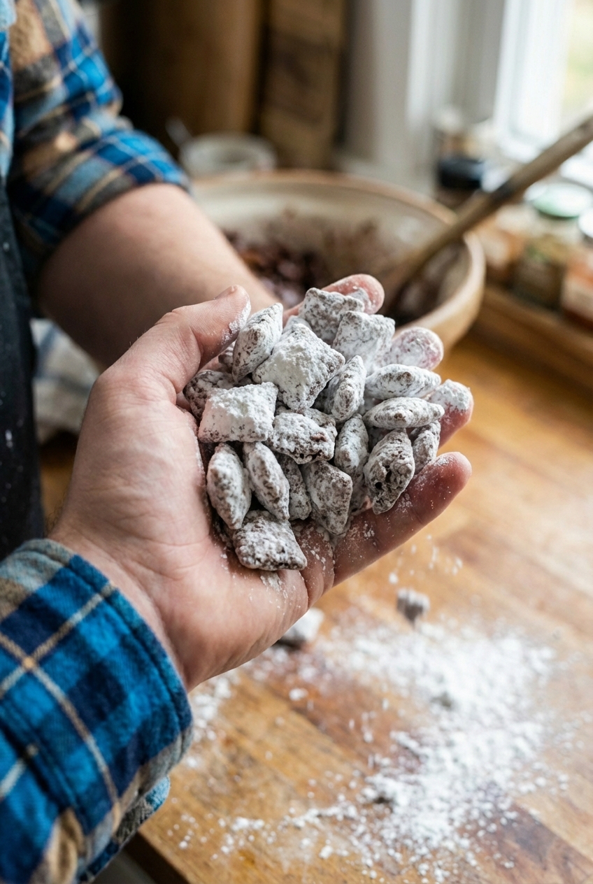 Close-up handful of puppy chow pieces dusted in powdered sugar