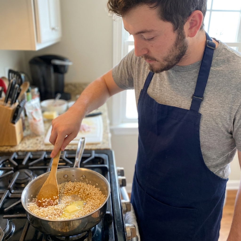 Close-up of Arborio rice being stirred in a saucepan with butter and minced shallot as it toasts, real kitchen photography