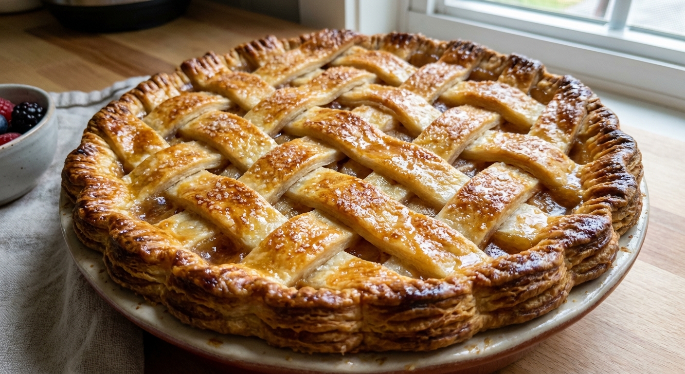 Close-up of a baked lattice pie crust with golden browned edges and visible flaky layers
