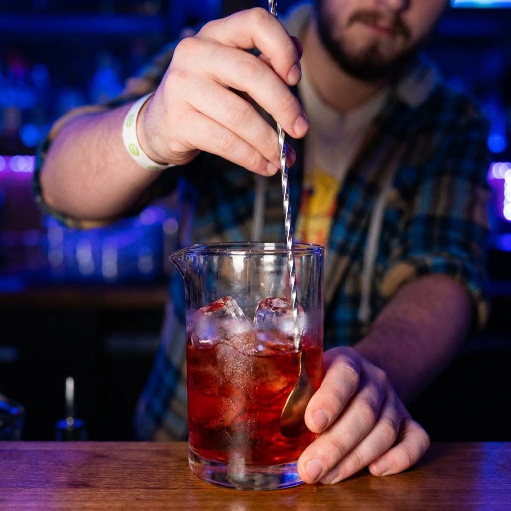 Close-up of a bartender spoon stirring a Negroni in a mixing glass with ice
