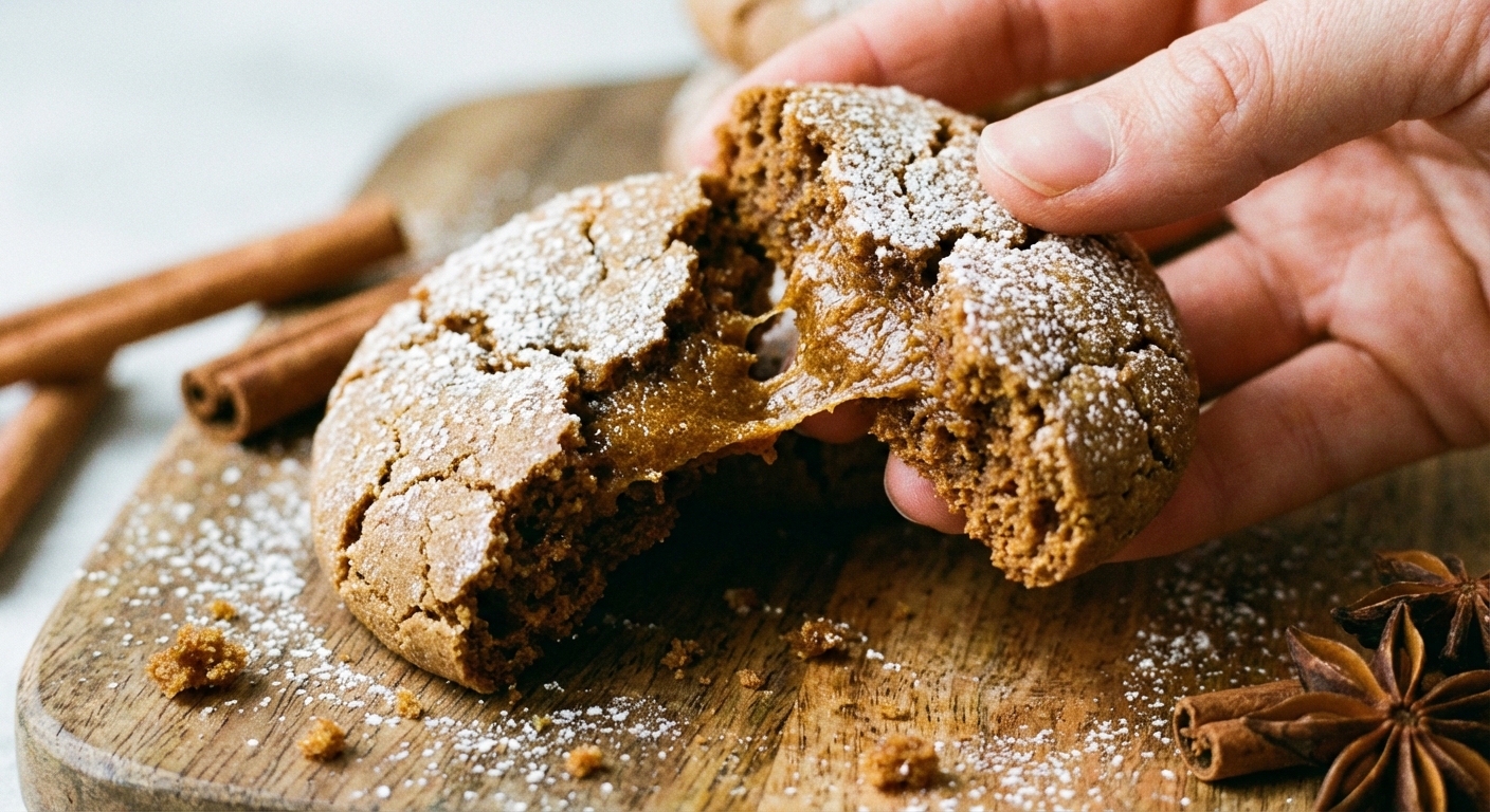 Close-up of a chewy gingerbread cookie broken in half showing a soft, moist center