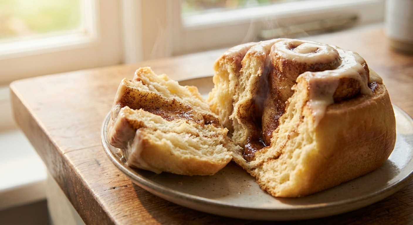 Close-up of a cinnamon roll showing defined spirals and a soft, fluffy interior