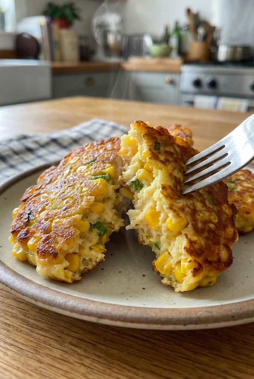 Close-up of a corn fritter being lifted with a fork, showing sweet corn kernels and a tender interior
