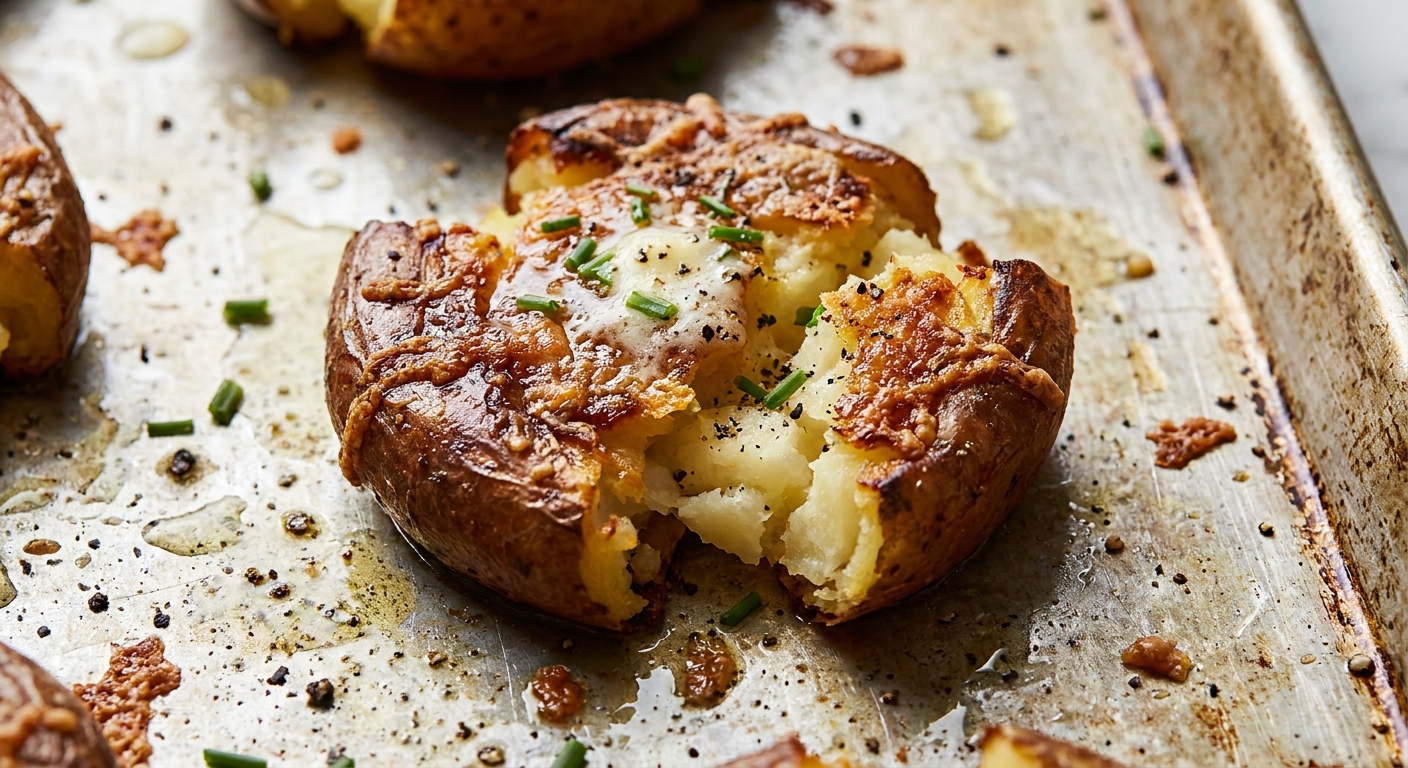 Close-up of a crispy smashed potato with browned Parmesan crust and creamy center on a sheet pan, natural kitchen lighting, real food photo