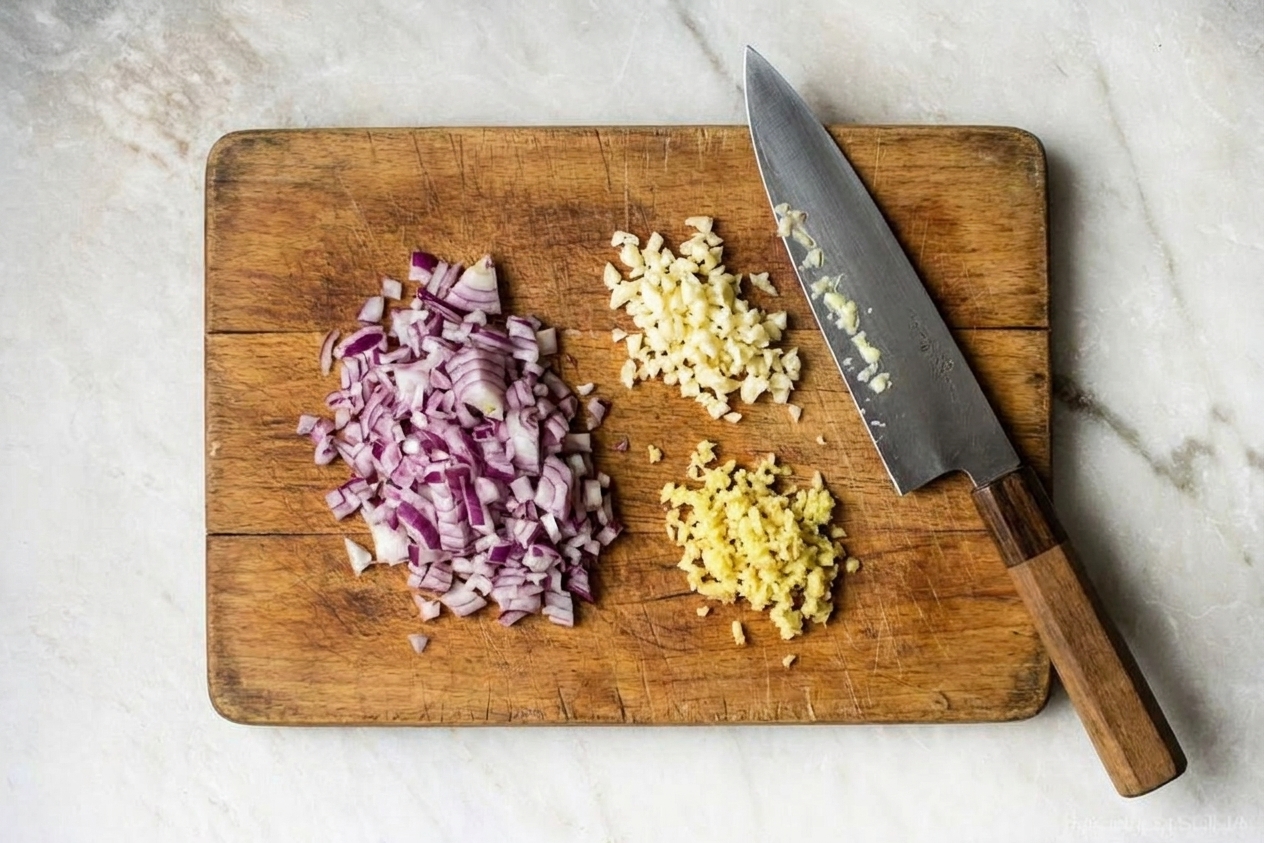 Close-up of a cutting board with finely chopped red onion, minced garlic, and minced ginger next to a chef's knife
