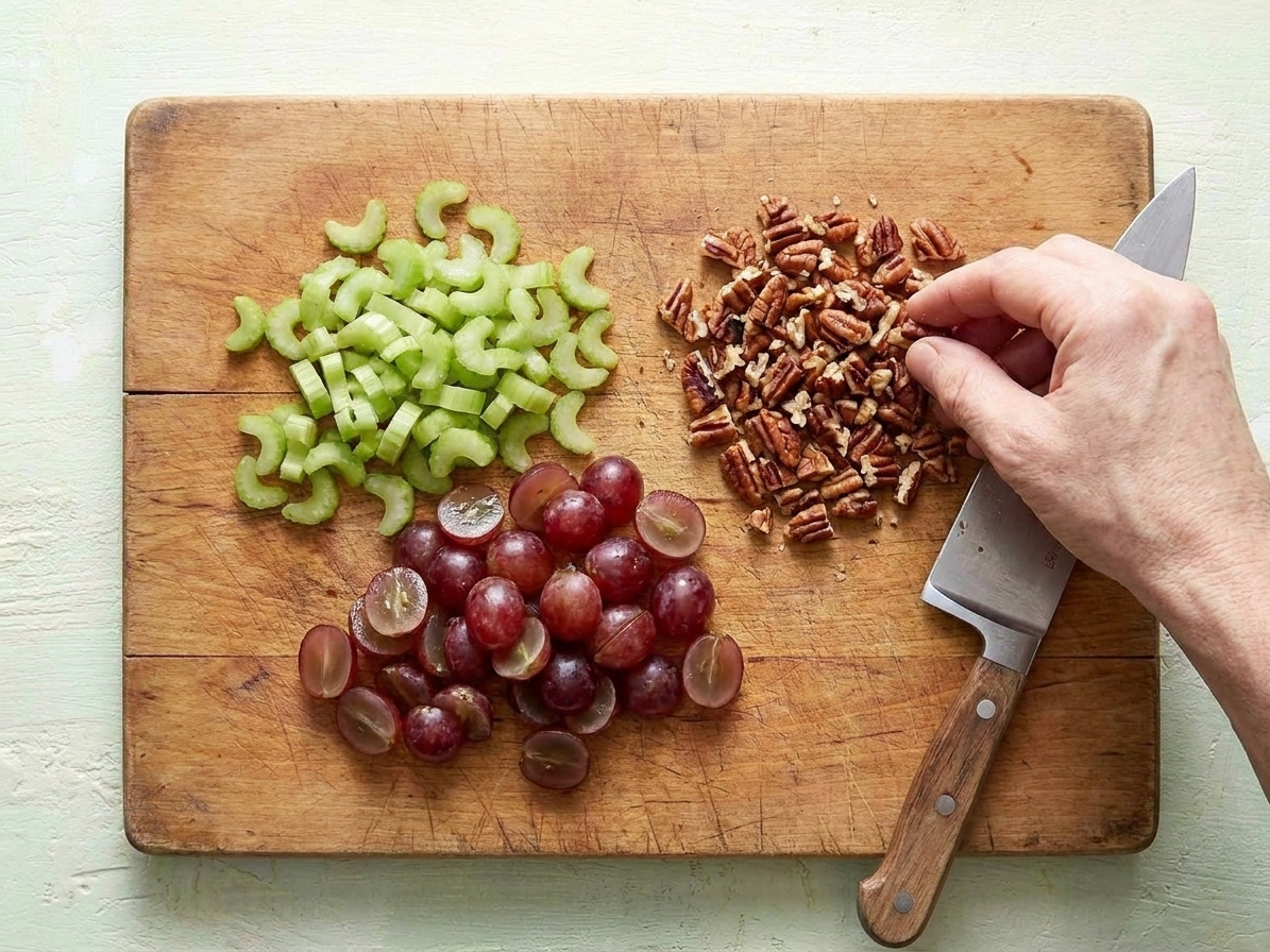Close-up of a cutting board with sliced celery, halved red grapes, and chopped toasted pecans prepped for chicken salad