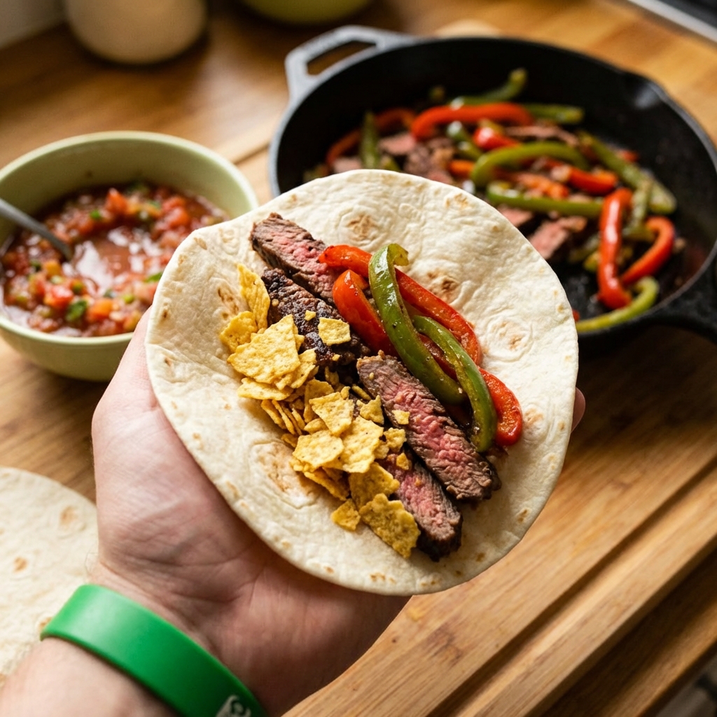 Close-up of a fajita taco being assembled with steak, peppers, and crushed tortilla chips